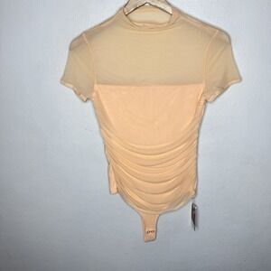New Reoria‎ Veiled Allure High Neck Bodysuit Top Peach Mesh Top Womens Medium